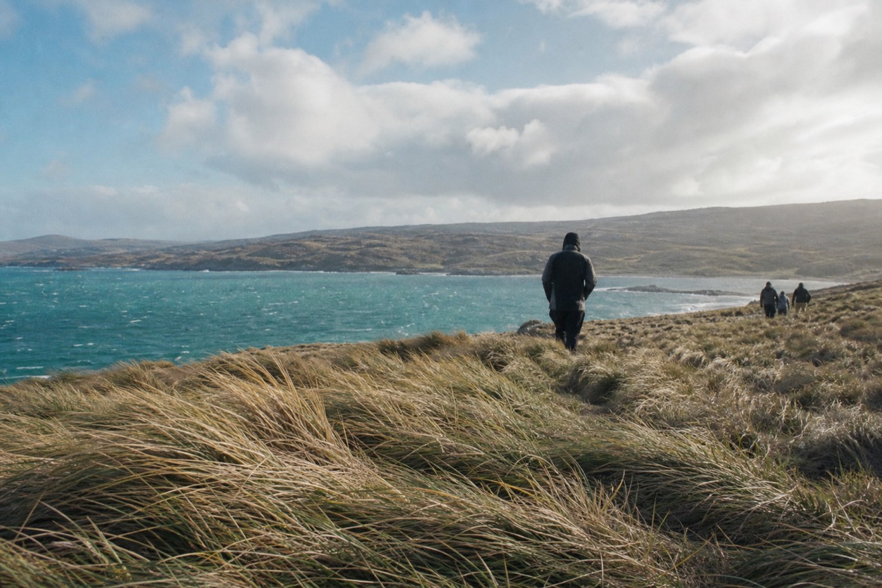 Wind-flattened tussac grass on a low headland above a turquoise bay, fast cloud shadows racing across open moorland under a bright cold sky