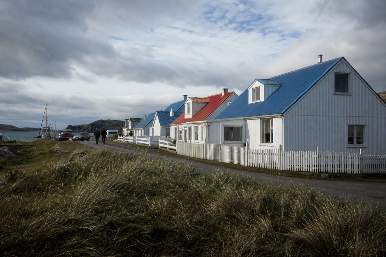 Row of brightly painted corrugated-iron cottages along a harbour road, red and blue roofs, white picket fences, wind-scoured grass, pale afternoon light