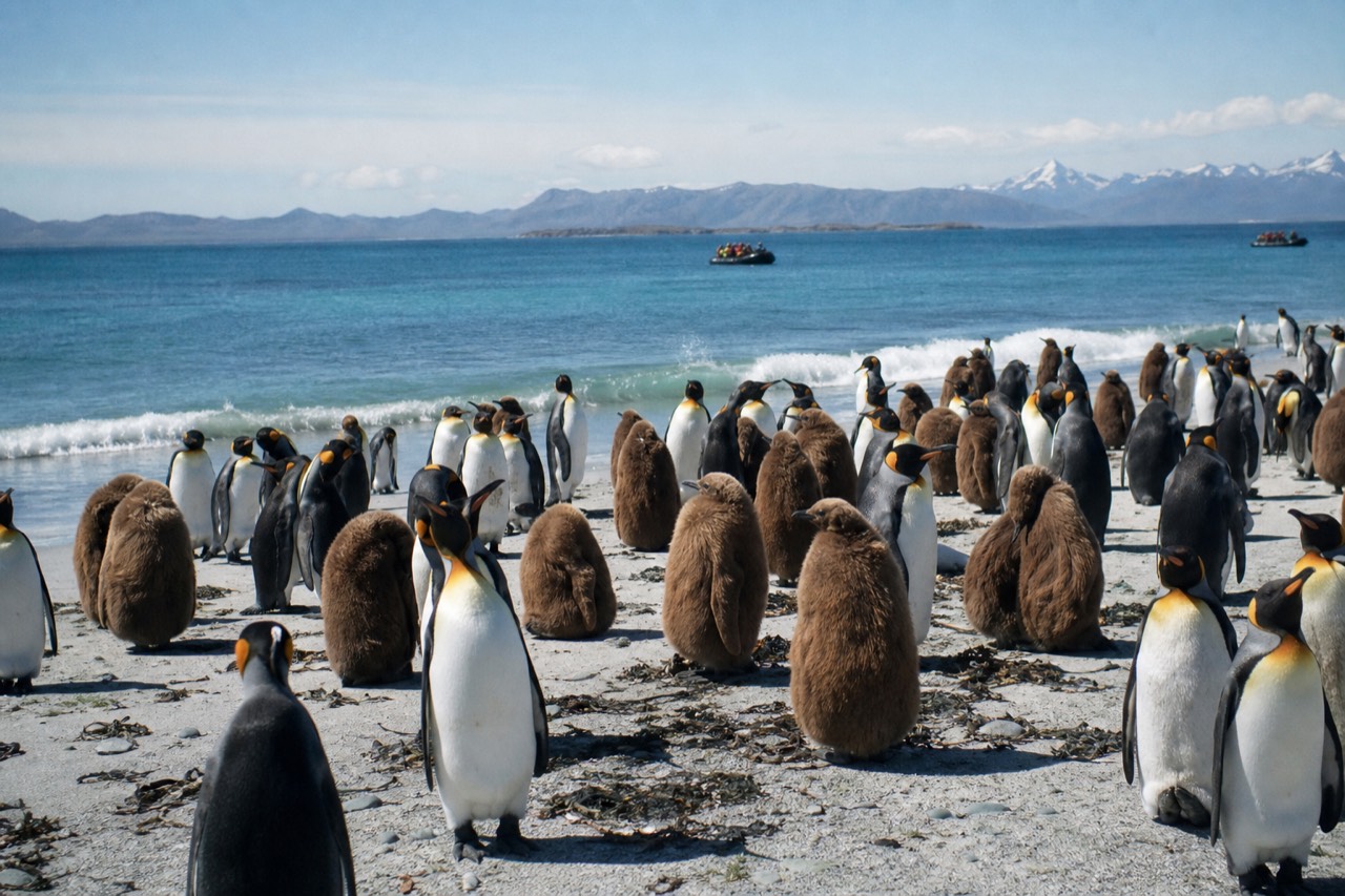 King penguins massed on pale sand above a turquoise surf line, orange throat patches catching low sun, brown-downed chicks standing among the taller adults
