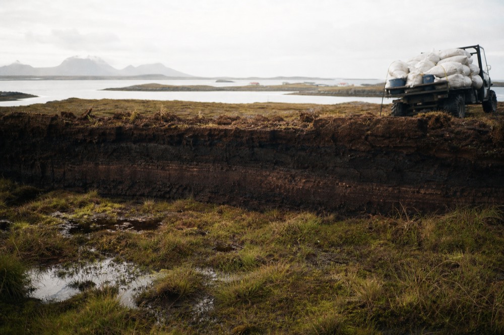 A cut peat bank exposing dark chocolate-coloured layers above a boggy hollow, wet moss and rushes in the foreground under flat overcast light