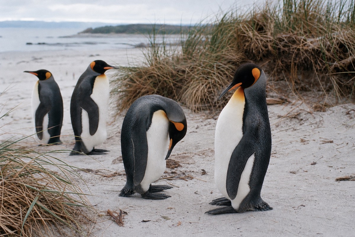 A small group of king penguins with orange ear patches on open white sand, dune grass behind
