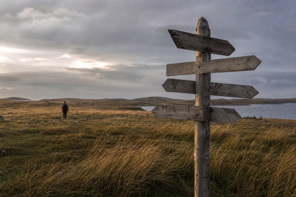 Weathered wooden signpost at a crossroads on open moorland with several hand-painted direction arms pointing different ways, wind-bent grass in the foreground