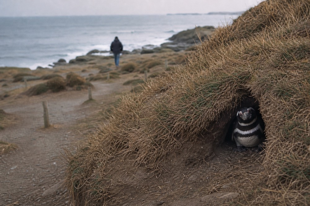 A Magellanic penguin peering out from a burrow dug into a grassy bank above a coastal path, dry tufted grass framing the entrance